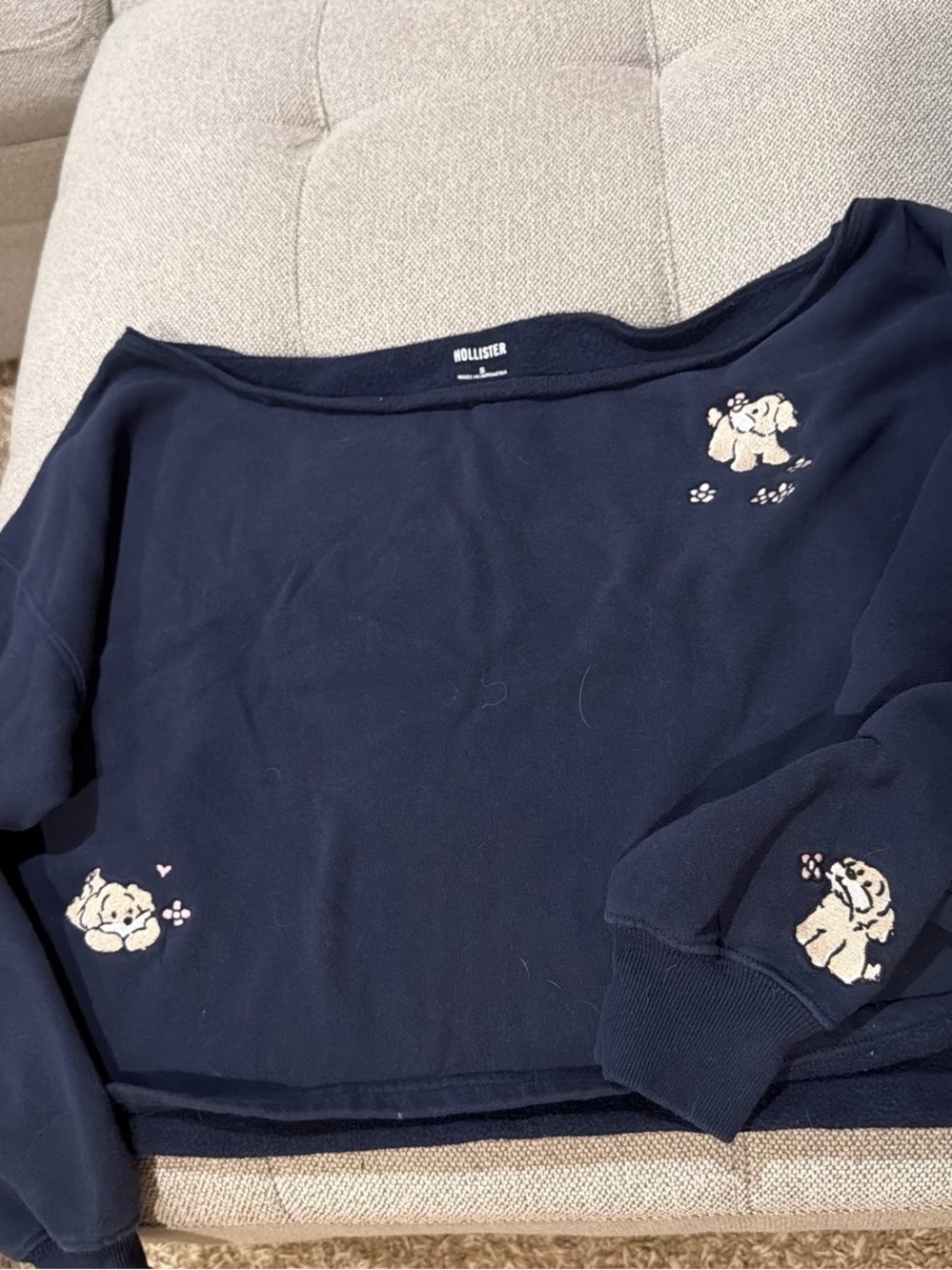 Hollister Navy Cropped Off the Shoulder Sweatshirt with Puppies
